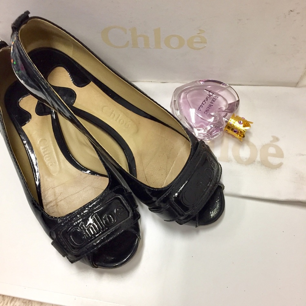 Chloé Black patten leather, Peep Toe ballet flats